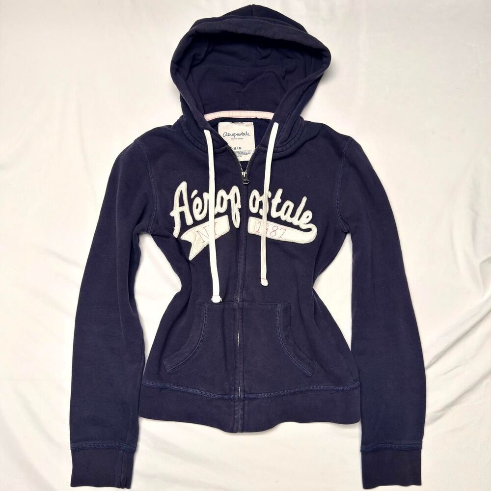 2010s Aeropostale Full Zip Embroidered Navy Hoodie with Pink Details
